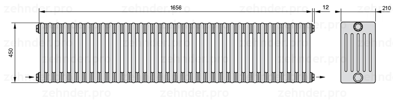 Схема (чертеж) Радиатор Zehnder Charleston 6045/36 №2670 Белый глянцевый RAL 9016